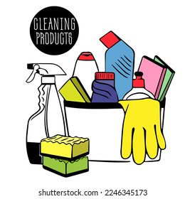 caja de limpieza con productos de limpieza, artículos - botellas, pulverización, productos químicos sanitarios, guantes, desinfectantes, esponja, cepillo para limpiar la casa, oficina. Detergente químico doméstico