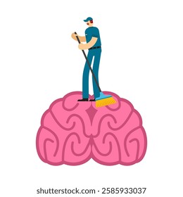 Cleaning brain. Cleaner sweeps brains. Clean head concept
