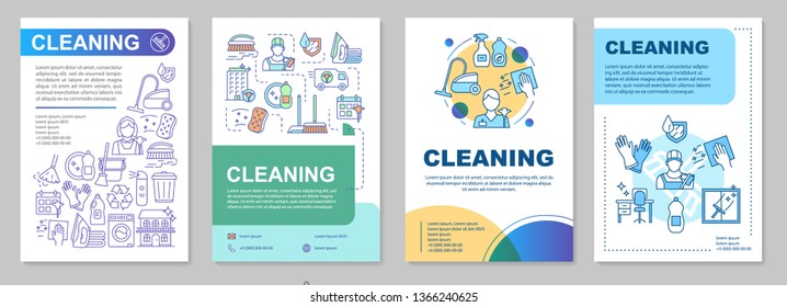 Cleaning brochure template layout. Sweeping, wiping cleanup methods. Booklet, leaflet print design, linear illustrations. Vector page layouts for magazines, annual reports, advertising posters