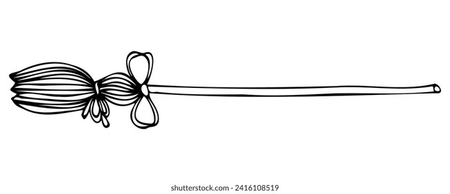 Cleaning broom with bow in doodle style with black silhouette vector on white