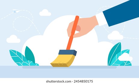 Cleaning broom. Businessman holding broom in his hand. Sweep the floor. Person cleaning dirty surface from dust and dirt. Housework, service concept. Flat vector illustration