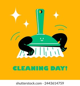 The cleaning broom is smiling. A brush with hands and feet. Funny cute character. Cleaning day sticker.