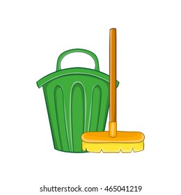 Cleaning broom and trash bin icon in cartoon style on a white background