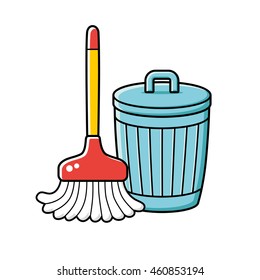 Cleaning broom and trash bin isolated.