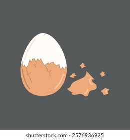 Cleaning brown eggshell from boiled egg on grey background. Fast breakfast recipe design. Hand drawn vector illustration in flat style. Lunch time, chicken eggs design, breakfast meal.