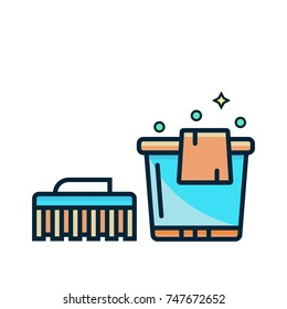 Cleaning brush and bucket with duster - vector flat line color illustration. Tools for household and clean services. on isolated white background. 