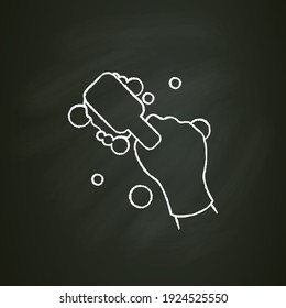 Cleaning brush chalk icon. Wiping, brushing. Housekeeper hand with square brush pictogam. Wet cleaning. Housekeeping and surface disinfection concept. Isolated vector illustration on chalkboard