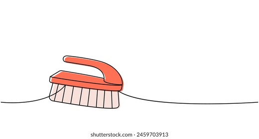 Cleaning brush, handle brush one line colored continuous drawing. Cleaning service tools continuous one line illustration. Vector linear illustration.