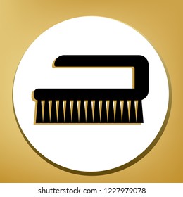 Cleaning brush hygiene tool sign. Vector. Black icon with light brown shadow in white circle with shaped ring at golden background.
