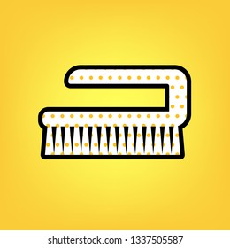 Cleaning brush hygiene tool sign. Vector. Yellow polka dot white icon with black contour at warm yellow background.