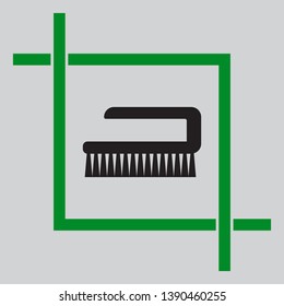 Cleaning brush hygiene tool sign. Black icon inside green crop tool at light gray background