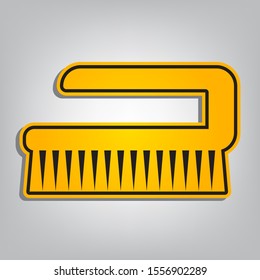 Cleaning brush hygiene tool sign. Flat orange icon with overlapping linear black icon with gray shadow at whitish background. Illustration.