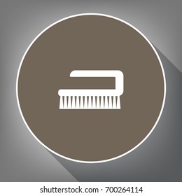 Cleaning brush hygiene tool sign. Vector. White icon on brown circle with white contour and long shadow at gray background. Like top view on postament.