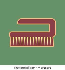 Cleaning brush hygiene tool sign. Vector. Cordovan icon and mellow apricot halo with light khaki filled space at russian green background.