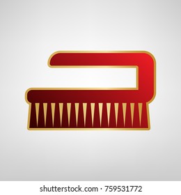 Cleaning brush hygiene tool sign. Vector. Red icon on gold sticker at light gray background.