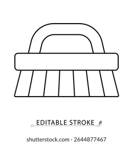 Cleaning brush icon with handle in simple linear style. Symbol of cleanliness, surface scrubbing, domestic chores and sanitation tools. Editable stroke.