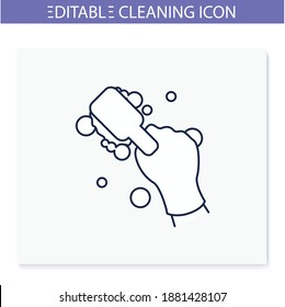 Cleaning brush line icon. Wiping, brushing. Housekeeper hand with square brush. Wet cleaning. Housekeeping and surface disinfection concept. Isolated vector illustration. Editable stroke