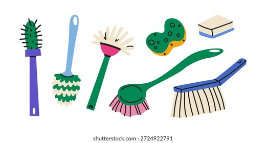 Cepillo de limpieza en estilo de dibujos animados. Herramientas domésticas. Cepillo con mango, cepillo de inodoro, esponjas de limpieza. Ilustración vectorial aislada
