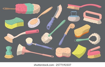 Cleaning brushes. Mops sponge household equipment for home cleaning recent vector flat illustrations set