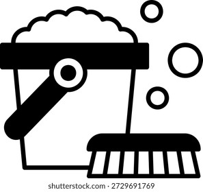 Reinigungseimer mit Pinsel und Blasen Symbol