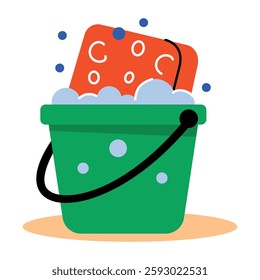 Cleaning bucket filled with liquid soap, flat icon 
