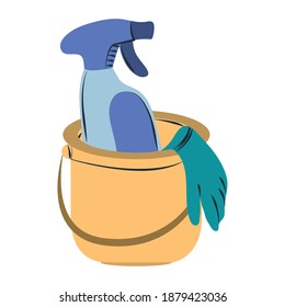 cleaning, bucket with gloves and spray disinfecting supplies tools equipment vector illustration