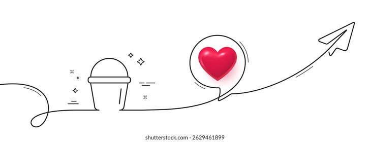 Cleaning bucket line icon. Continuous line with share plane. Washing Housekeeping equipment sign. 3d heart in speech bubble. Bucket single line ribbon. Loop curve pattern. Vector