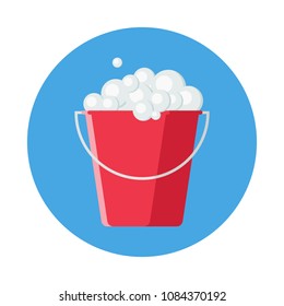 Cleaning bucket with soap bubbles flat icon isolated on blue background. Simple cleaning bucket sign symbol in flat style. Cleaning and washing Vector illustration for web and mobile design.