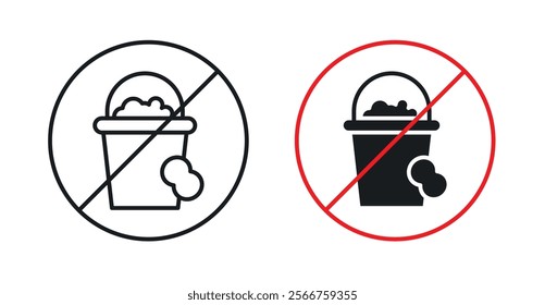 Cleaning bucket with sponge signs in black outline, solid and colored style