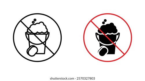 Cleaning bucket with sponge signs vectors set in black. line and flat versions