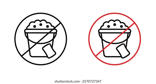 Cleaning bucket with sponge signs vectors set in black and red colors on white background.