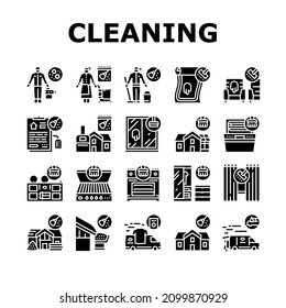 Cleaning Building And Equipment Icons Set Vector. Regular Cleaning Apartment And House Room, Bbq And Grill Kitchen Tool, Clean Carpet And Curtains With Appliance Glyph Pictograms Black Illustrations