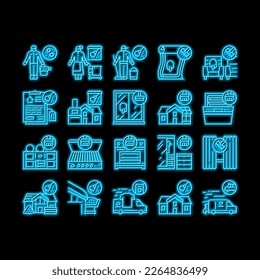 Cleaning Building And Equipment neon light sign vector. Regular Cleaning Apartment And House Room, Bbq And Grill Kitchen Tool, Clean Carpet And Curtains With Appliance Illustrations