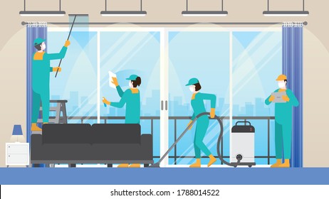 Cleaning business concept. Routine everyday job of cleaning crew team in living room. Clean and check inspector professional service for house. Vector illustration flat style idea.