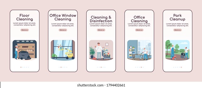 Cleaning Business Onboarding Mobile App Screen Flat Vector Template. Janitorial Services Walkthrough Website Steps With Characters. UX, UI, GUI Smartphone Cartoon Interface, Case Prints Set