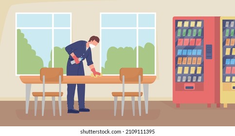 Cleaning cafeteria flat color vector illustration. Disinfecting desk and tables for lunch. Cleanup work. Cleaner in uniform 2D cartoon character with school hallway interior on background