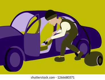 Cleaning car interior vector illustration. Worker making use of vacuum cleaner