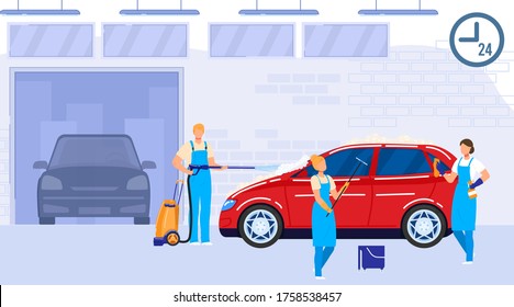 Cleaning car service vector illustration. Cartoon flat washers or cleaners people in uniform clean, wash with sponge and water spray, polish auto vehicle in carwash station garage interior background