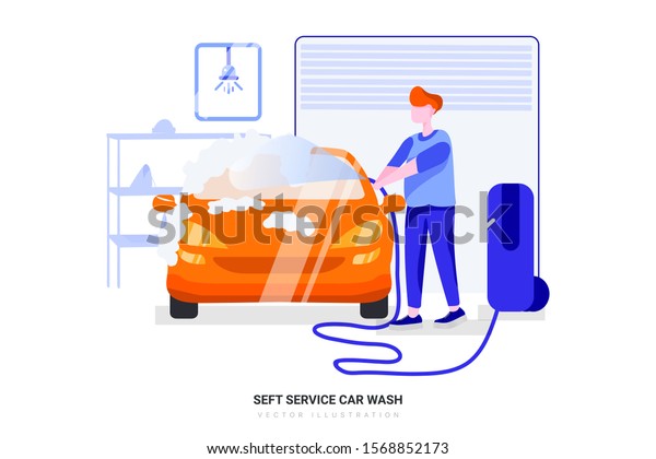 Cleaning Car Using High Pressure Water. Man\
washing his car under high pressure water, service. Can use for web\
banner, infographics, hero images. Flat style color modern vector\
illustration.