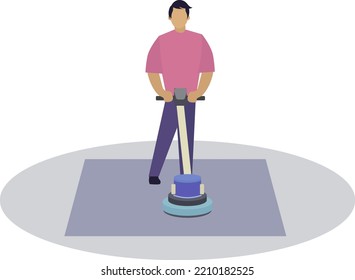 Cleaning A Carpet Service Vector Illustration Concept, Cleaning Service Worker For Home And Public, Man Pushing Carpet Scrubbing Machine, Flat Icon For Product Sale