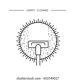 Cleaning of carpets with vacuum cleaner and detergents drawn in a linear fashion. Vector logo of the cleaning company, booklet, flyer