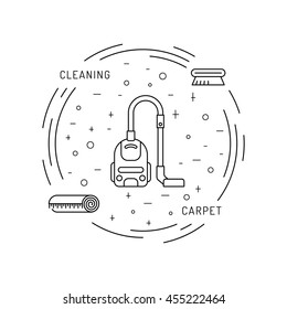 Cleaning of carpets with vacuum cleaner and detergents drawn in a linear fashion. Vector logo of the cleaning company, booklet, flyer. Vacuum cleaner isolated vector.