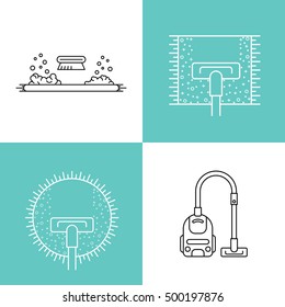 Cleaning of carpets with vacuum cleaner and detergents drawn in a linear style. Vector logo of the cleaning company, booklet, flyer