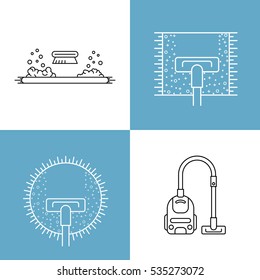 Cleaning of carpets with vacuum cleaner and detergents drawn in a linear style. Vector logo of the cleaning company, booklet, flyer