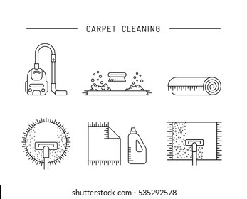 Cleaning of carpets with vacuum cleaner and detergents drawn in a linear style. Vector logo of the cleaning company, booklet, flyer
