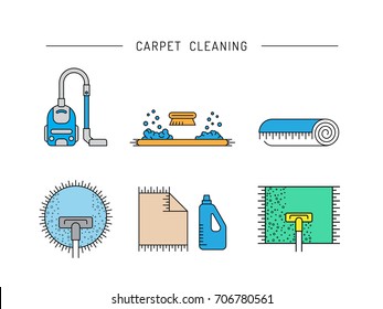 Cleaning of carpets with vacuum cleaner and detergents drawn in a linear style. Vector logo of the cleaning company, booklet, flyer