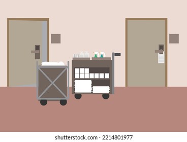 Cleaning cart in hotel corridor
