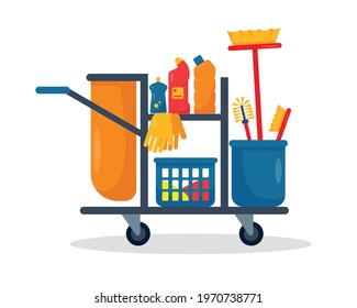 Cleaning cart with tools and supplies. Broom, Bucket and household cleaners on classic Trolley for cleaning service. Vector illustration isolated on white background.