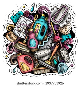 Reinigung von Cartoon Vektordoodle-Design. Farbige detaillierte Komposition mit vielen aufgeräumten Objekten und Symbolen. Alle Artikel sind getrennt
