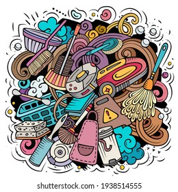 Cleaning cartoon vector doodle design. Colorful detailed composition with lot of clean up objects and symbols. All items are separate